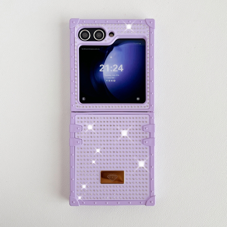 For Samsung Galaxy Z Flip5 5G PC Full Diamond Shockproof Folding Phone Case with Diamond Logo(Purple) For Samsung Galaxy Z Flip5 5G PC Full Diamond Shockproof Folding Phone Case with Diamond Logo(Purple)