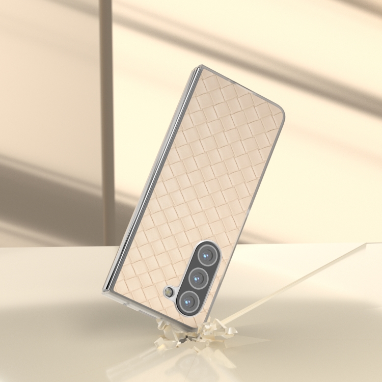 For Samsung Galaxy Z Fold5 5G Woven Texture Frosted Translucent Frame PU Phone Case(Beige) For Samsung Galaxy Z Fold5 5G Woven Texture Frosted Translucent Frame PU Phone Case(Beige)