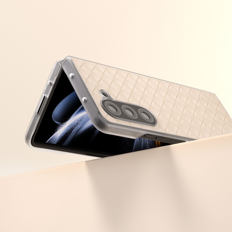 For Samsung Galaxy Z Fold5 5G Woven Texture Frosted Translucent Frame PU Phone Case(Beige) For Samsung Galaxy Z Fold5 5G Woven Texture Frosted Translucent Frame PU Phone Case(Beige)