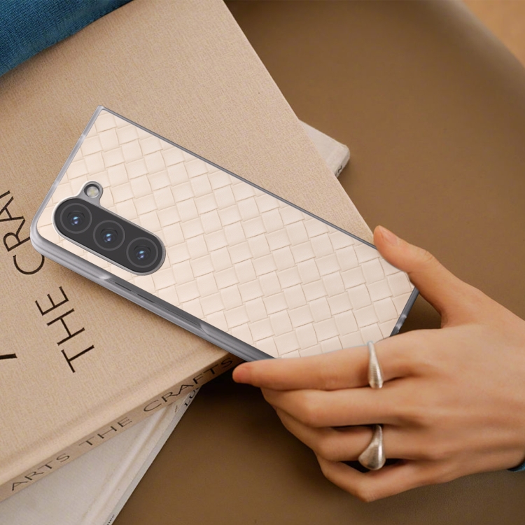 For Samsung Galaxy Z Fold5 5G Woven Texture Frosted Translucent Frame PU Phone Case(Beige) For Samsung Galaxy Z Fold5 5G Woven Texture Frosted Translucent Frame PU Phone Case(Beige)