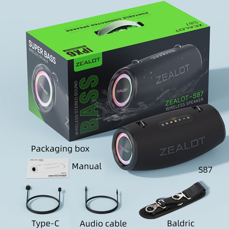 Zealot S87 80W ポータブル屋外 Bluetooth スピーカー RGB ライト付き (ブラック)