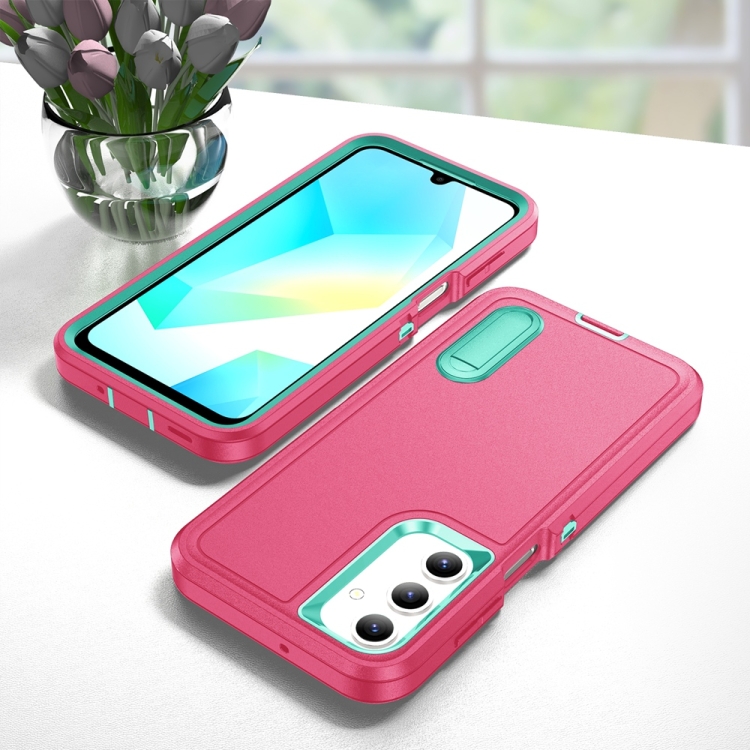 For Samsung Galaxy A16 4G Rugged PC Hybrid Silicone Phone Case with Holder(Rose Red+Light Green)