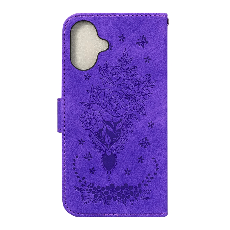 For iPhone 16 Butterfly Rose Embossed Leather Phone Case(Purple) For iPhone 16 Butterfly Rose Embossed Leather Phone Case(Purple)