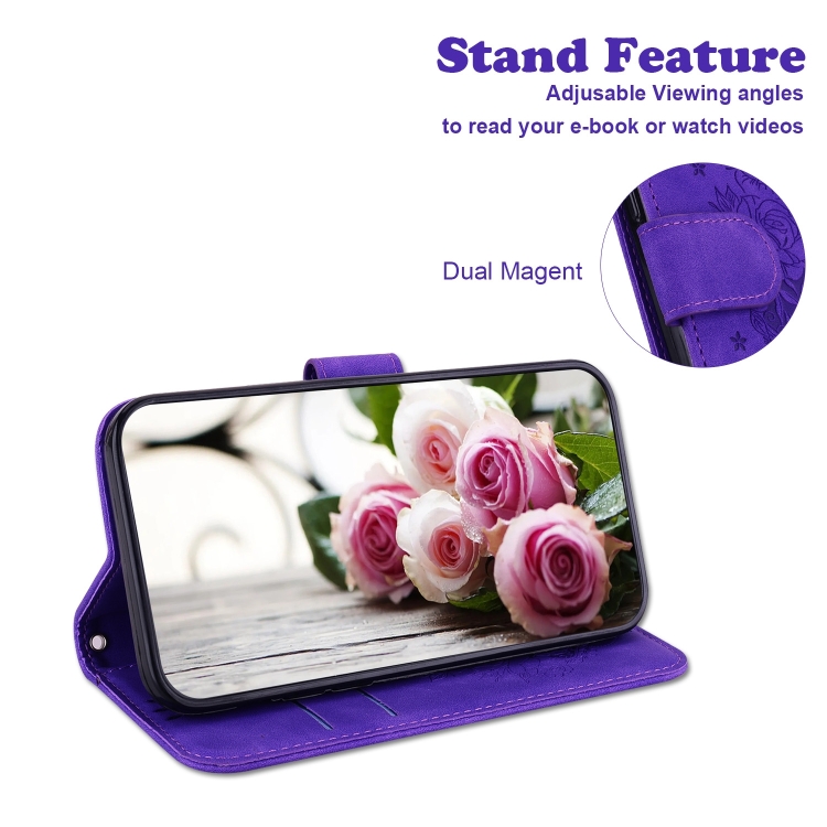 For iPhone 16 Butterfly Rose Embossed Leather Phone Case(Purple) For iPhone 16 Butterfly Rose Embossed Leather Phone Case(Purple)