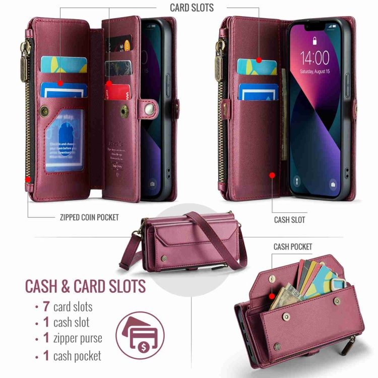 For iPhone 13 mini CaseMe C36 Card Slots Zipper Wallet RFID Anti-theft Leather Phone Case(Wine Red) For iPhone 13 mini CaseMe C36 Card Slots Zipper Wallet RFID Anti-theft Leather Phone Case(Wine Red)