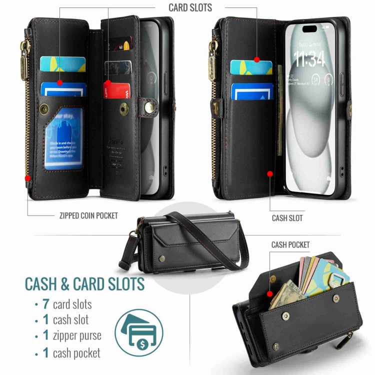 For iPhone 15 CaseMe C36 Card Slots Zipper Wallet RFID Anti-theft Leather Phone Case(Black) For iPhone 15 CaseMe C36 Card Slots Zipper Wallet RFID Anti-theft Leather Phone Case(Black)