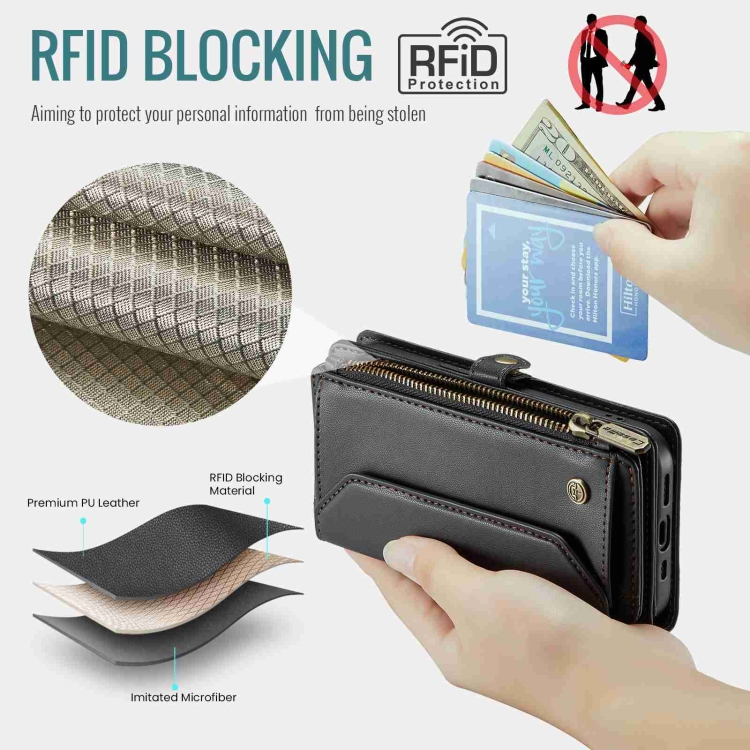 For iPhone 15 CaseMe C36 Card Slots Zipper Wallet RFID Anti-theft Leather Phone Case(Black) For iPhone 15 CaseMe C36 Card Slots Zipper Wallet RFID Anti-theft Leather Phone Case(Black)
