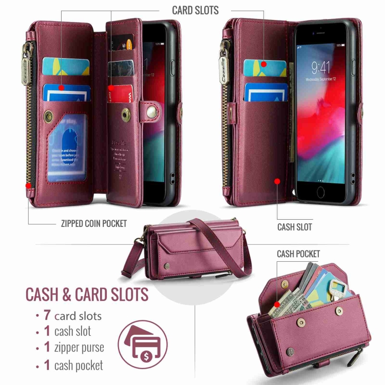 For iPhone SE 2022 / SE 2020 CaseMe C36 Card Slots Zipper Wallet RFID Anti-theft Leather Phone Case(Wine Red) For iPhone SE 2022 / SE 2020 CaseMe C36 Card Slots Zipper Wallet RFID Anti-theft Leather Phone Case(Wine Red)