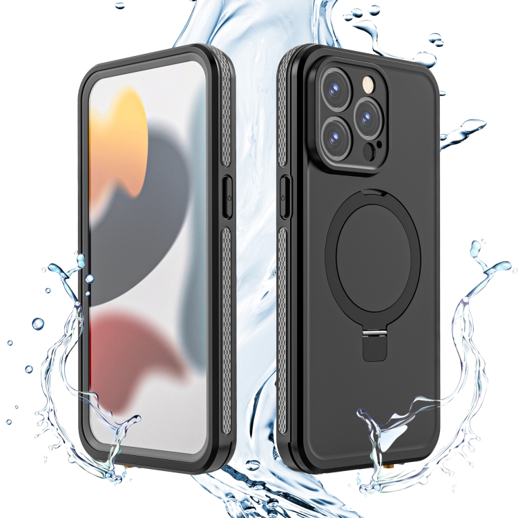 For iPhone 15 RedPepper IP68 Waterproof MagSafe Magnetic Holder Phone Case(Black Grey) For iPhone 15 RedPepper IP68 Waterproof MagSafe Magnetic Holder Phone Case(Black Grey)