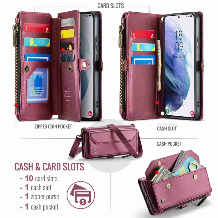 For Samsung Galaxy S21+ 5G CaseMe C36 Card Slots Zipper Wallet RFID Anti-theft Leather Phone Case(Wine Red) For Samsung Galaxy S21+ 5G CaseMe C36 Card Slots Zipper Wallet RFID Anti-theft Leather Phone Case(Wine Red)
