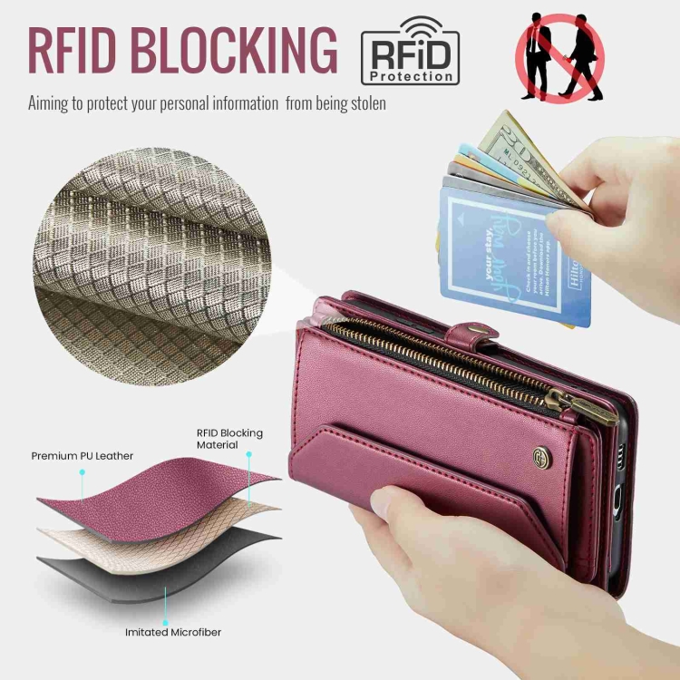 For Samsung Galaxy S21+ 5G CaseMe C36 Card Slots Zipper Wallet RFID Anti-theft Leather Phone Case(Wine Red) For Samsung Galaxy S21+ 5G CaseMe C36 Card Slots Zipper Wallet RFID Anti-theft Leather Phone Case(Wine Red)