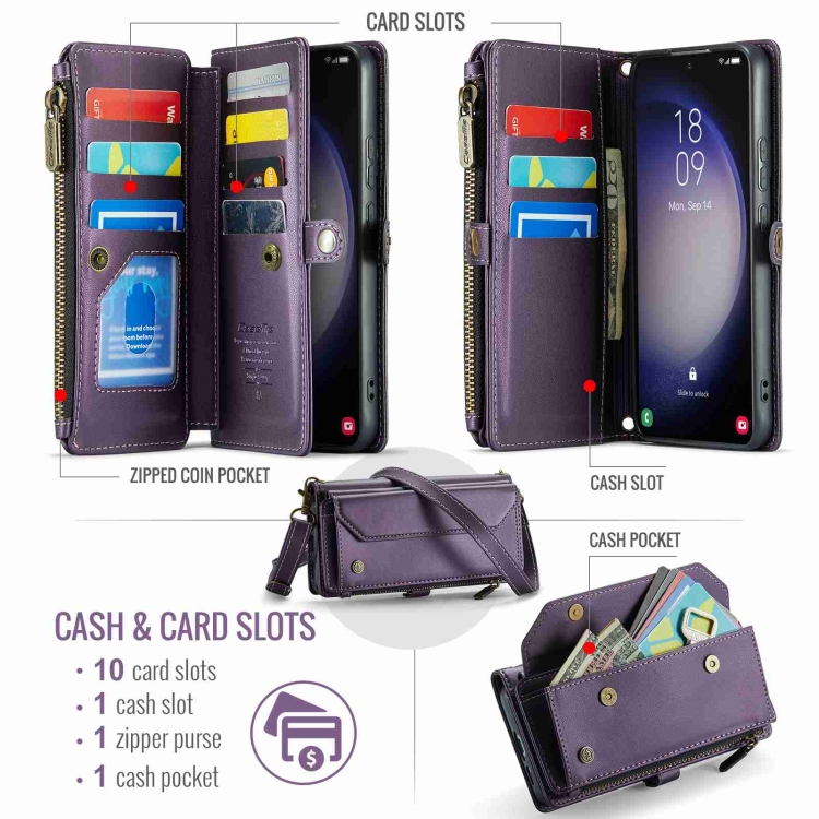 For Samsung Galaxy S23+ 5G CaseMe C36 Card Slots Zipper Wallet RFID Anti-theft Leather Phone Case(Purple)