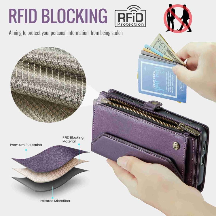 For Samsung Galaxy S23+ 5G CaseMe C36 Card Slots Zipper Wallet RFID Anti-theft Leather Phone Case(Purple)