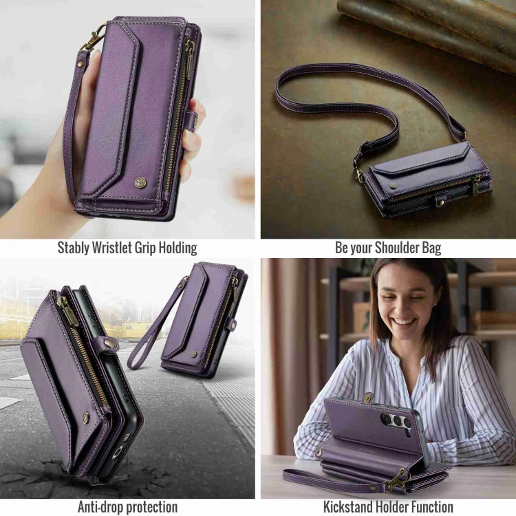 For Samsung Galaxy S23+ 5G CaseMe C36 Card Slots Zipper Wallet RFID Anti-theft Leather Phone Case(Purple)