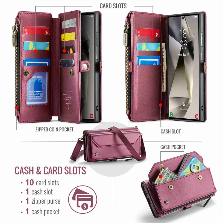 For Samsung Galaxy S24 Ultra 5G CaseMe C36 Card Slots Zipper Wallet RFID Anti-theft Leather Phone Case(Wine Red) For Samsung Galaxy S24 Ultra 5G CaseMe C36 Card Slots Zipper Wallet RFID Anti-theft Leather Phone Case(Wine Red)