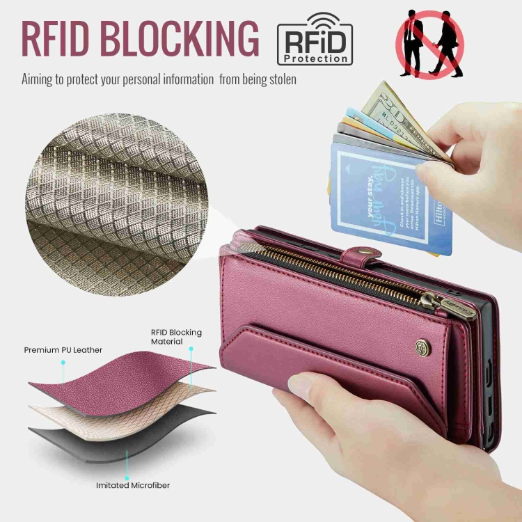 For Samsung Galaxy S24 Ultra 5G CaseMe C36 Card Slots Zipper Wallet RFID Anti-theft Leather Phone Case(Wine Red) For Samsung Galaxy S24 Ultra 5G CaseMe C36 Card Slots Zipper Wallet RFID Anti-theft Leather Phone Case(Wine Red)