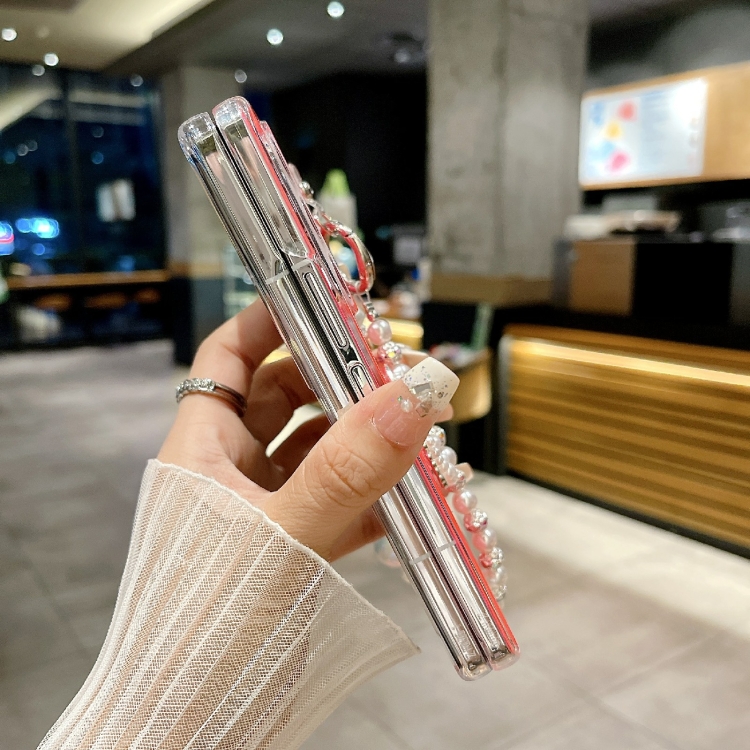 For Samsung Galaxy Z Fold5 Pearlescent Shell Texture Heart Pattern Phone Case with Bracelet(Pink) For Samsung Galaxy Z Fold5 Pearlescent Shell Texture Heart Pattern Phone Case with Bracelet(Pink)