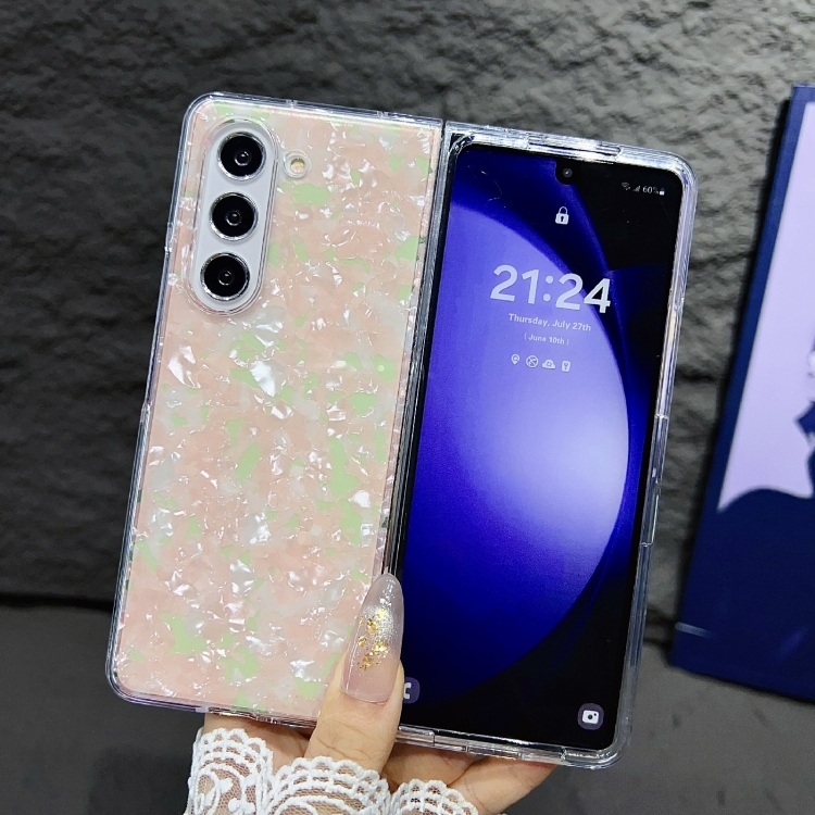For Samsung Galaxy Z Fold4 Pearlescent Shell Texture Phone Case(Pink Green)