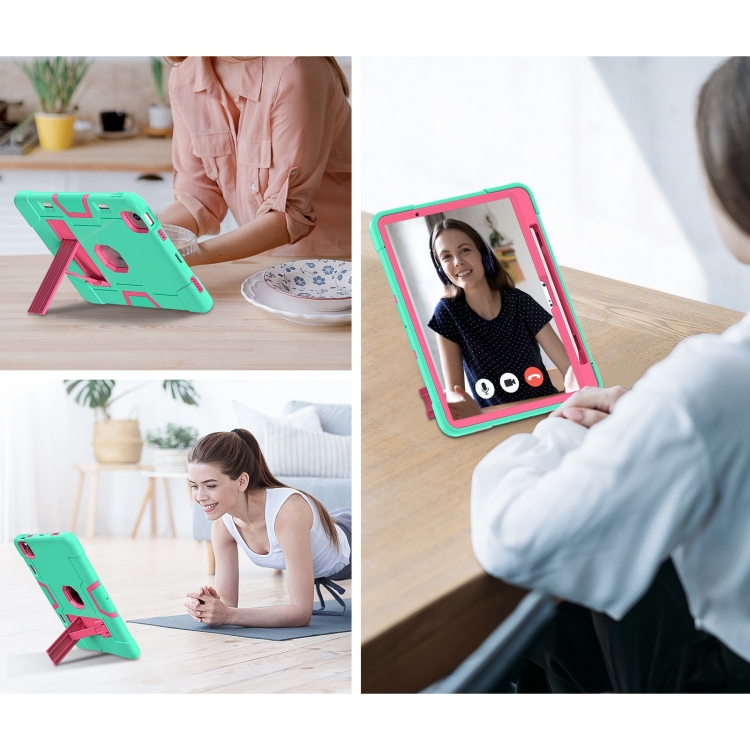 For iPad Air 11 2024 Contrast Color Silicone Acrylic PC Tablet Case with Holder(Mint Green Rose Red) For iPad Air 11 2024 Contrast Color Silicone Acrylic PC Tablet Case with Holder(Mint Green Rose Red)