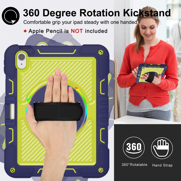 For iPad Air 11 2024 / Air 2022 10.9 360 Degree Rotation PC Contrast Silicone Tablet Case(Navy Blue + Yellow Green) For iPad Air 11 2024 / Air 2022 10.9 360 Degree Rotation PC Contrast Silicone Tablet Case(Navy Blue + Yellow Green)