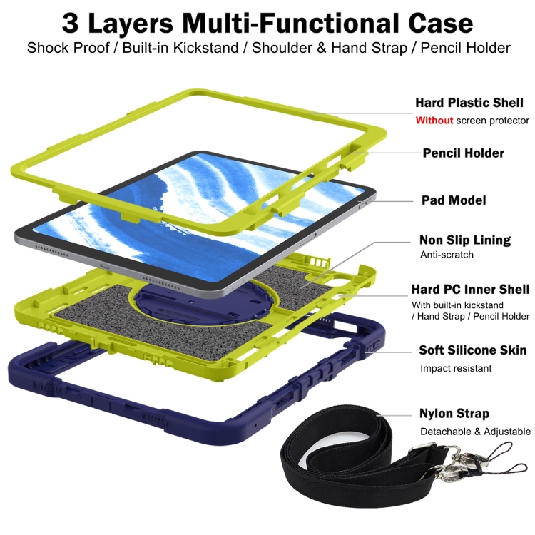 For iPad Air 11 2024 / Air 2022 10.9 360 Degree Rotation PC Contrast Silicone Tablet Case(Navy Blue + Yellow Green) For iPad Air 11 2024 / Air 2022 10.9 360 Degree Rotation PC Contrast Silicone Tablet Case(Navy Blue + Yellow Green)