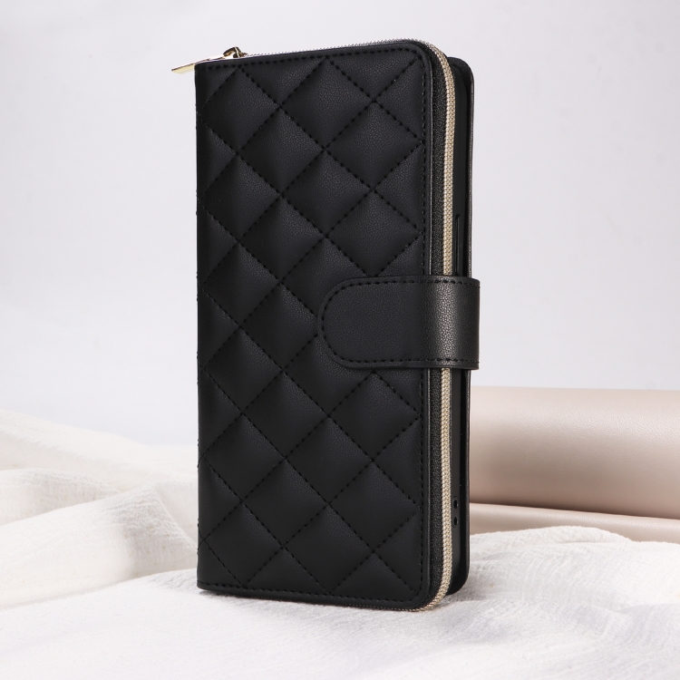 For iPhone 15 Plus / 14 Plus Crossbody Rhombic Zipper Tower Buckle Leather Phone Case with Lanyard(Black)