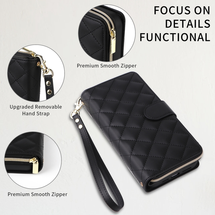 For iPhone 15 Plus / 14 Plus Crossbody Rhombic Zipper Tower Buckle Leather Phone Case with Lanyard(Black)