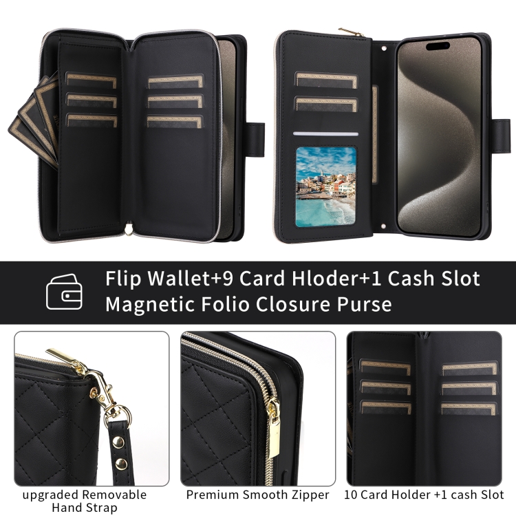 For iPhone 15 Plus / 14 Plus Crossbody Rhombic Zipper Tower Buckle Leather Phone Case with Lanyard(Black)