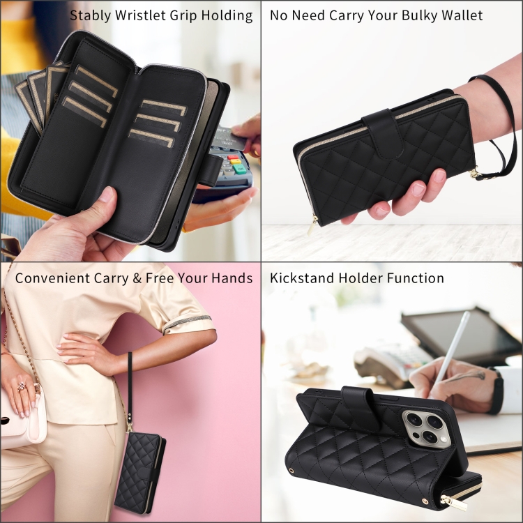For iPhone 15 Plus / 14 Plus Crossbody Rhombic Zipper Tower Buckle Leather Phone Case with Lanyard(Black)