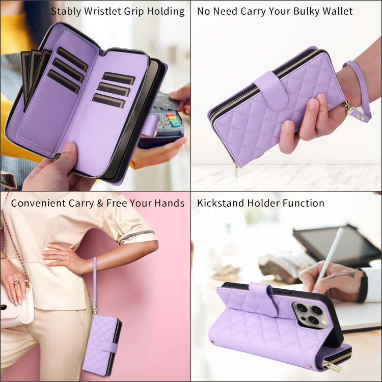 For iPhone 12 / 12 Pro Crossbody Rhombic Zipper Tower Buckle Leather Phone Case with Lanyard(Purple)