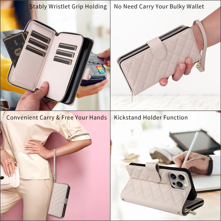 For iPhone 12 mini Crossbody Rhombic Zipper Tower Buckle Leather Phone Case with Lanyard(Beige)