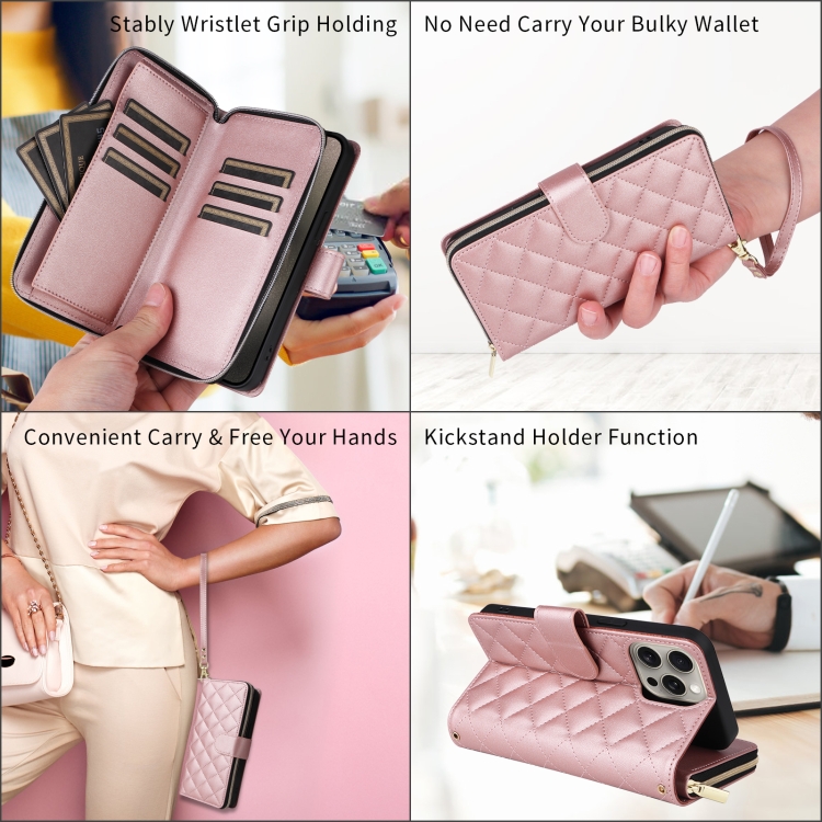 For iPhone X / XS Crossbody Rhombic Zipper Tower Buckle Leather Phone Case with Lanyard(Rose Gold)
