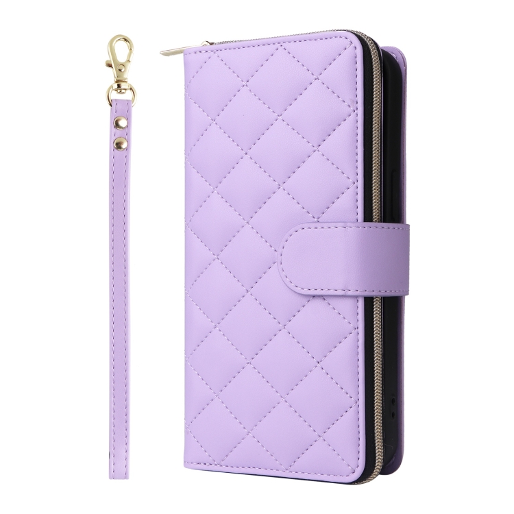 For iPhone 16 Pro Max Crossbody Rhombic Zipper Tower Buckle Leather Phone Case with Lanyard(Purple) For iPhone 16 Pro Max Crossbody Rhombic Zipper Tower Buckle Leather Phone Case with Lanyard(Purple)