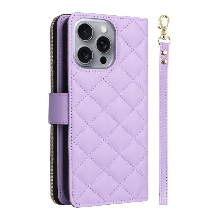 For iPhone 16 Pro Max Crossbody Rhombic Zipper Tower Buckle Leather Phone Case with Lanyard(Purple) For iPhone 16 Pro Max Crossbody Rhombic Zipper Tower Buckle Leather Phone Case with Lanyard(Purple)