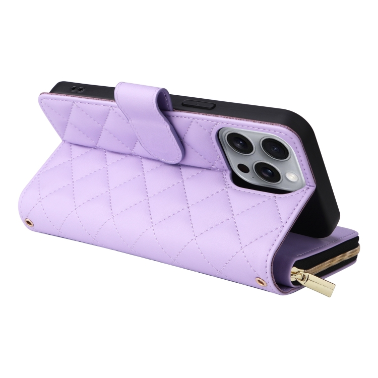 For iPhone 16 Pro Max Crossbody Rhombic Zipper Tower Buckle Leather Phone Case with Lanyard(Purple) For iPhone 16 Pro Max Crossbody Rhombic Zipper Tower Buckle Leather Phone Case with Lanyard(Purple)