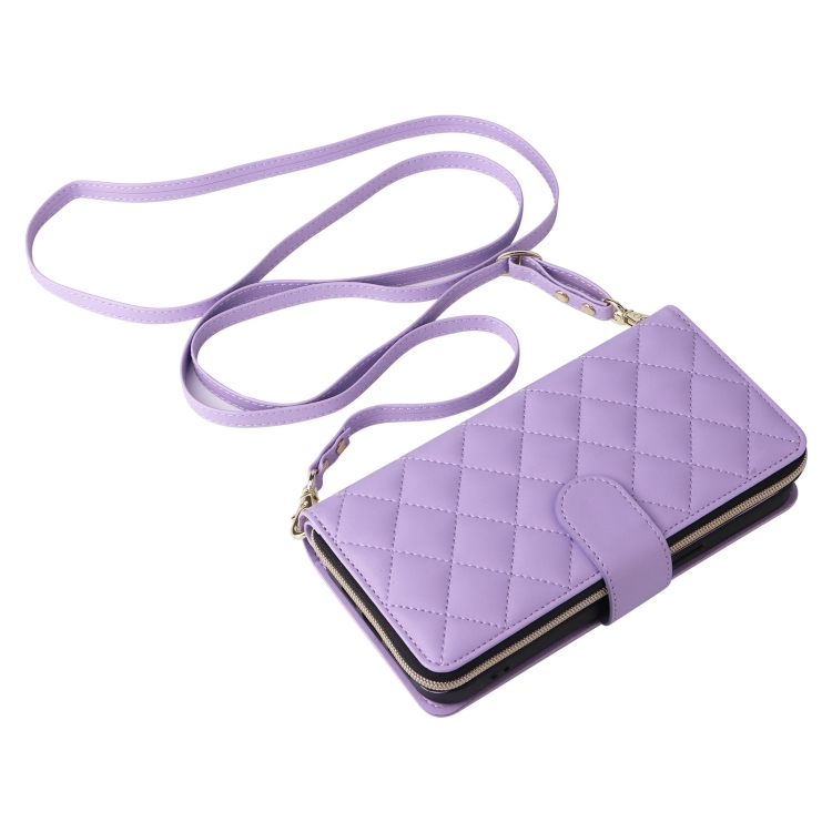 For iPhone 16 Pro Max Crossbody Rhombic Zipper Tower Buckle Leather Phone Case with Lanyard(Purple) For iPhone 16 Pro Max Crossbody Rhombic Zipper Tower Buckle Leather Phone Case with Lanyard(Purple)