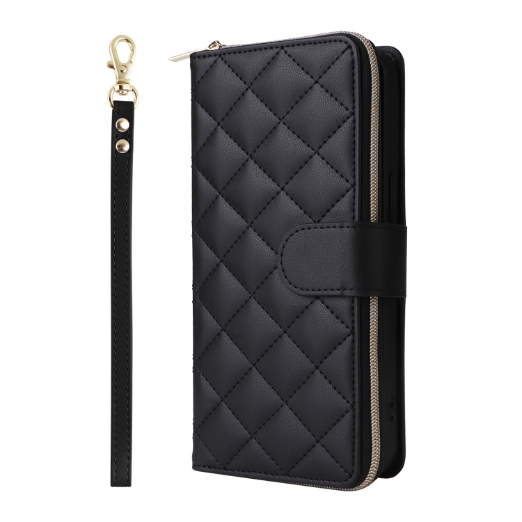 For iPhone 16 Pro Crossbody Rhombic Zipper Tower Buckle Leather Phone Case with Lanyard(Black) For iPhone 16 Pro Crossbody Rhombic Zipper Tower Buckle Leather Phone Case with Lanyard(Black)