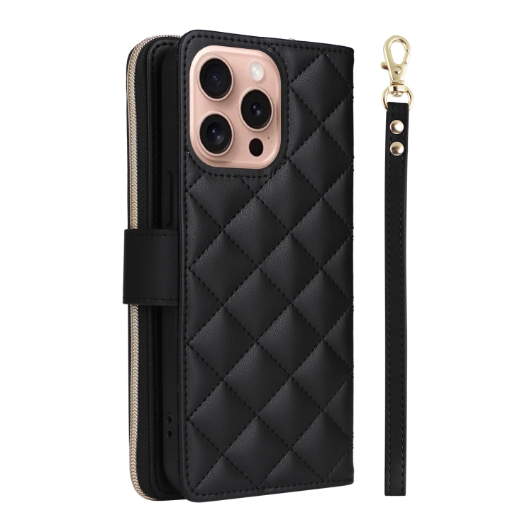 For iPhone 16 Pro Crossbody Rhombic Zipper Tower Buckle Leather Phone Case with Lanyard(Black) For iPhone 16 Pro Crossbody Rhombic Zipper Tower Buckle Leather Phone Case with Lanyard(Black)