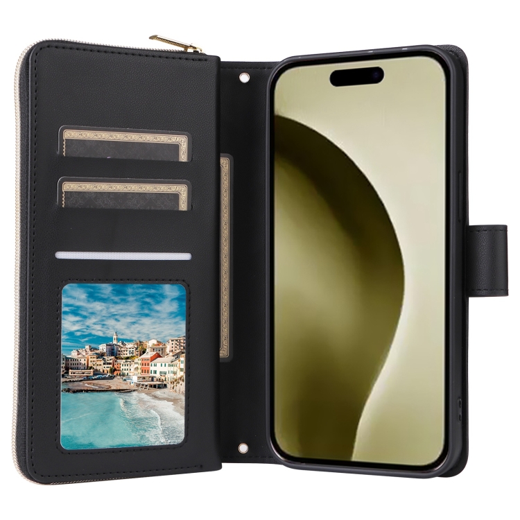 For iPhone 16 Pro Crossbody Rhombic Zipper Tower Buckle Leather Phone Case with Lanyard(Black) For iPhone 16 Pro Crossbody Rhombic Zipper Tower Buckle Leather Phone Case with Lanyard(Black)