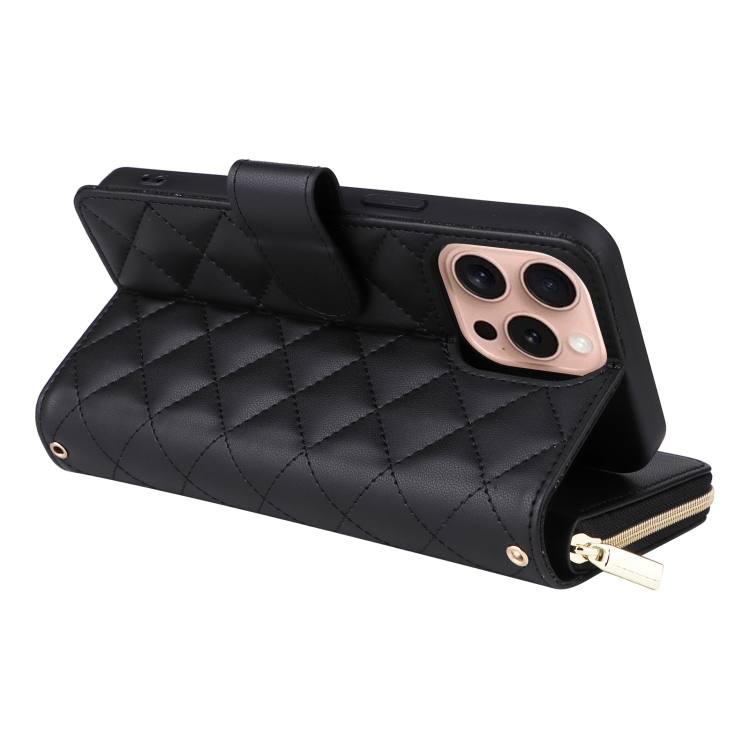 For iPhone 16 Pro Crossbody Rhombic Zipper Tower Buckle Leather Phone Case with Lanyard(Black) For iPhone 16 Pro Crossbody Rhombic Zipper Tower Buckle Leather Phone Case with Lanyard(Black)