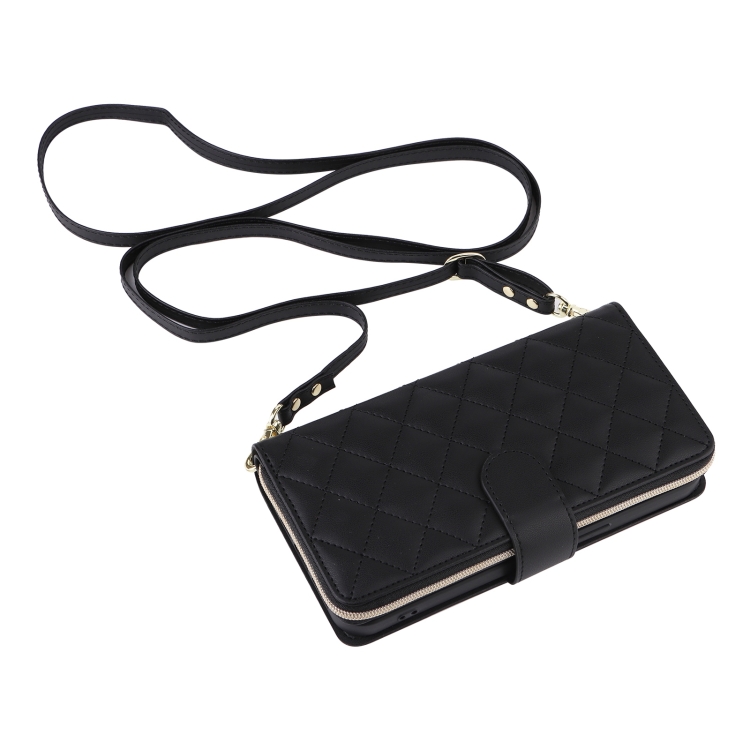 For iPhone 16 Pro Crossbody Rhombic Zipper Tower Buckle Leather Phone Case with Lanyard(Black) For iPhone 16 Pro Crossbody Rhombic Zipper Tower Buckle Leather Phone Case with Lanyard(Black)