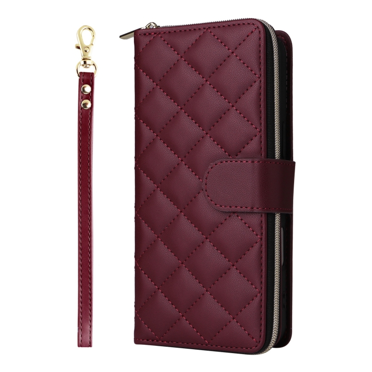 For iPhone 16 Plus Crossbody Rhombic Zipper Tower Buckle Leather Phone Case with Lanyard(Wine Red) For iPhone 16 Plus Crossbody Rhombic Zipper Tower Buckle Leather Phone Case with Lanyard(Wine Red)