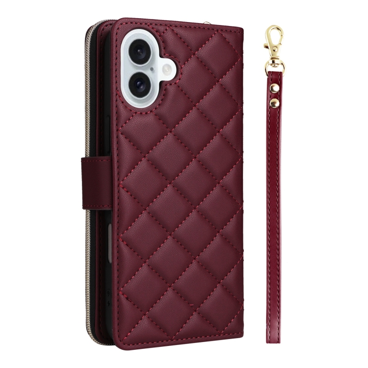 For iPhone 16 Plus Crossbody Rhombic Zipper Tower Buckle Leather Phone Case with Lanyard(Wine Red) For iPhone 16 Plus Crossbody Rhombic Zipper Tower Buckle Leather Phone Case with Lanyard(Wine Red)