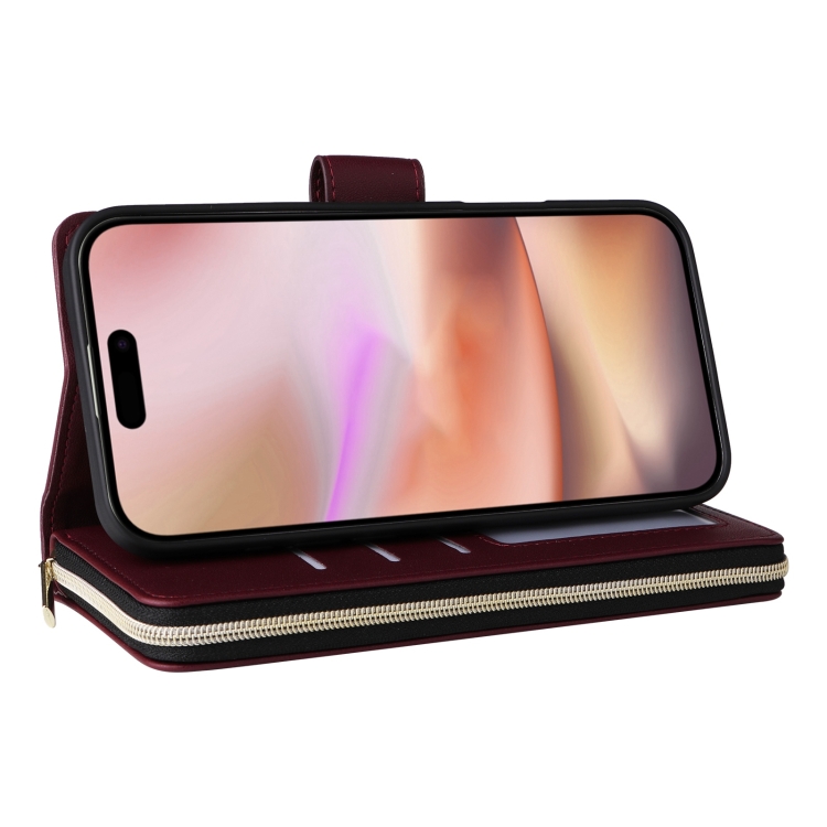 For iPhone 16 Plus Crossbody Rhombic Zipper Tower Buckle Leather Phone Case with Lanyard(Wine Red) For iPhone 16 Plus Crossbody Rhombic Zipper Tower Buckle Leather Phone Case with Lanyard(Wine Red)