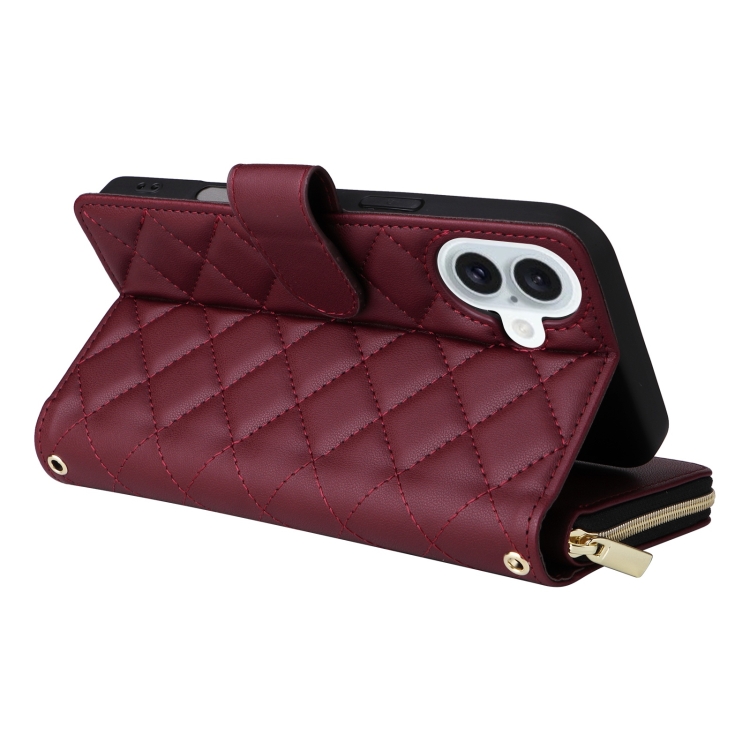 For iPhone 16 Plus Crossbody Rhombic Zipper Tower Buckle Leather Phone Case with Lanyard(Wine Red) For iPhone 16 Plus Crossbody Rhombic Zipper Tower Buckle Leather Phone Case with Lanyard(Wine Red)