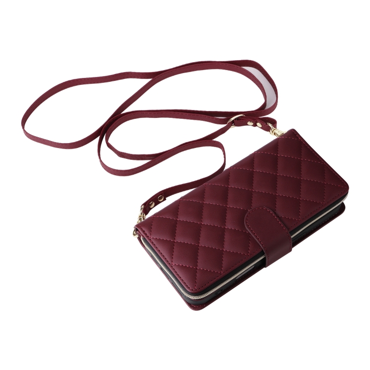 For iPhone 16 Plus Crossbody Rhombic Zipper Tower Buckle Leather Phone Case with Lanyard(Wine Red) For iPhone 16 Plus Crossbody Rhombic Zipper Tower Buckle Leather Phone Case with Lanyard(Wine Red)