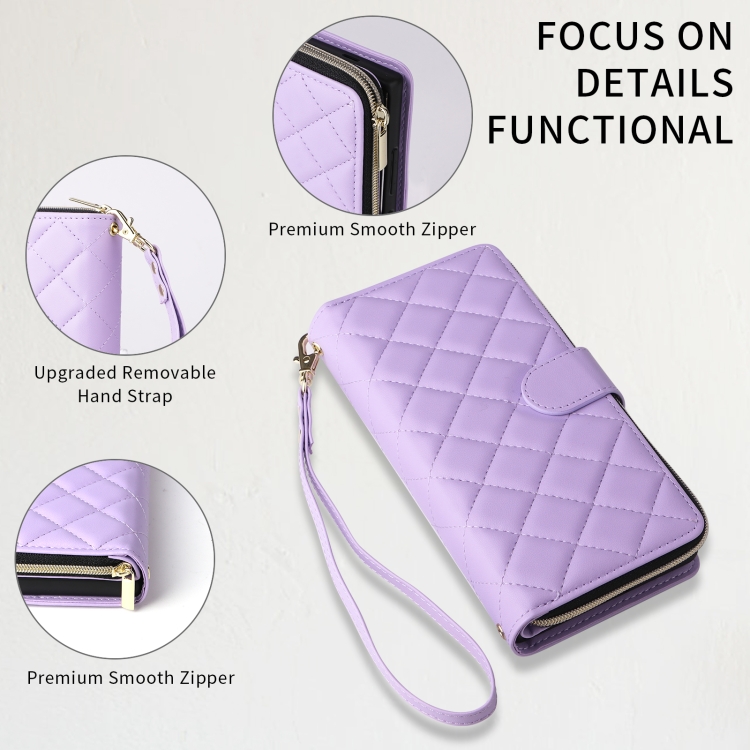 For Samsung Galaxy S23+ Crossbody Rhombic Zipper Tower Buckle Leather Phone Case with Lanyard(Purple)