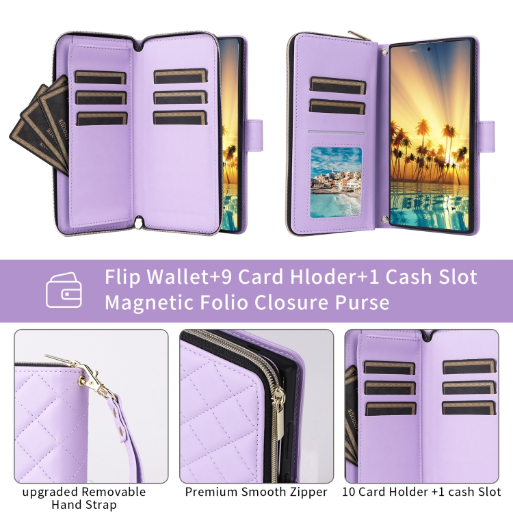 For Samsung Galaxy S23+ Crossbody Rhombic Zipper Tower Buckle Leather Phone Case with Lanyard(Purple)