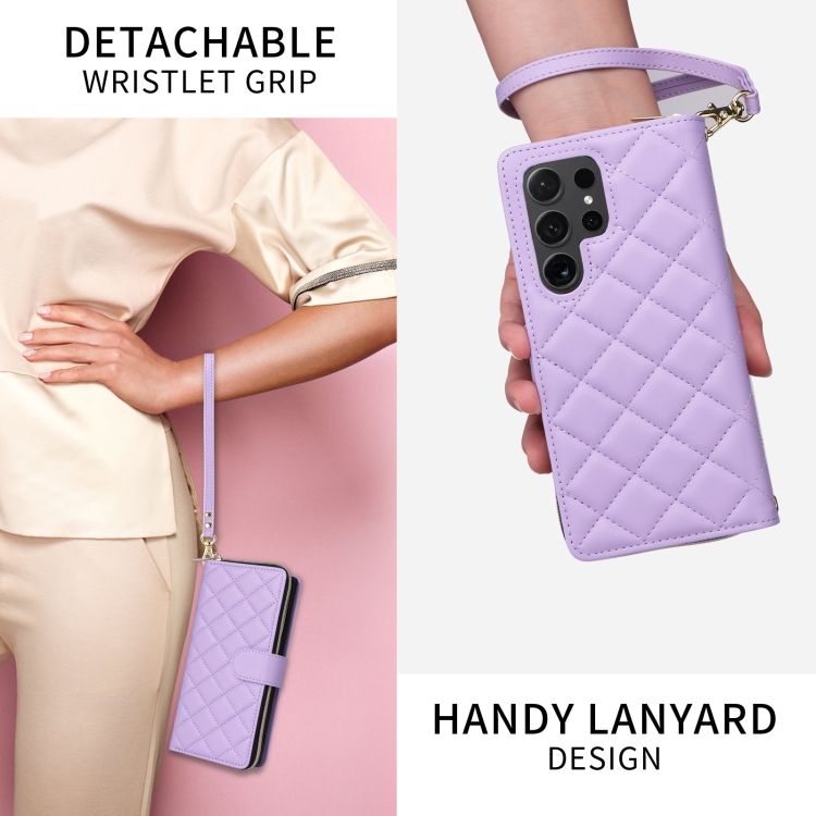 For Samsung Galaxy S23+ Crossbody Rhombic Zipper Tower Buckle Leather Phone Case with Lanyard(Purple)