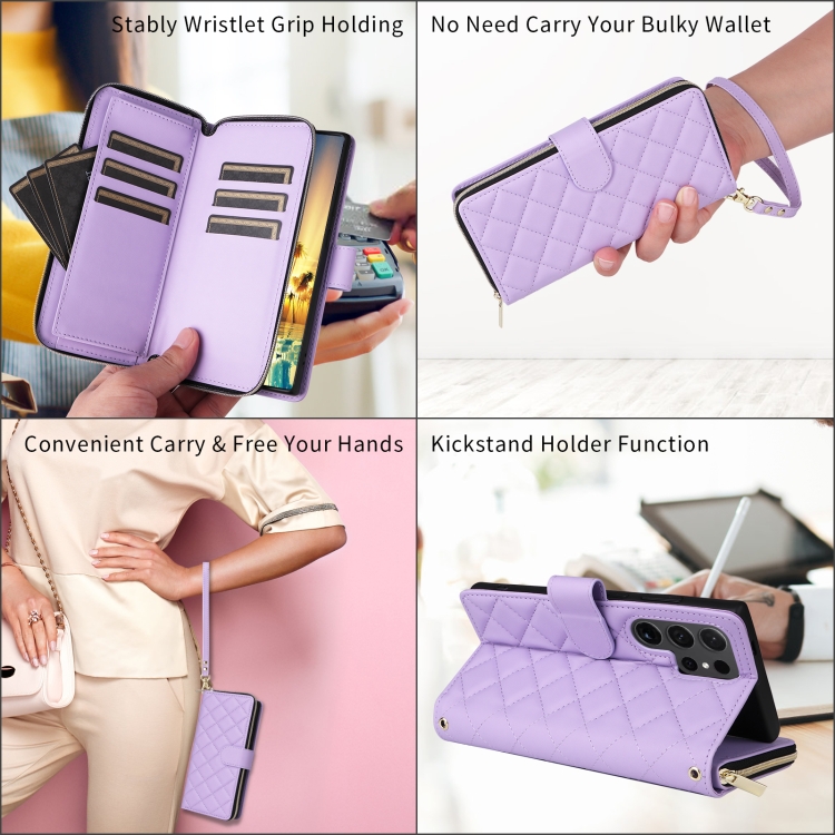 For Samsung Galaxy S23+ Crossbody Rhombic Zipper Tower Buckle Leather Phone Case with Lanyard(Purple)